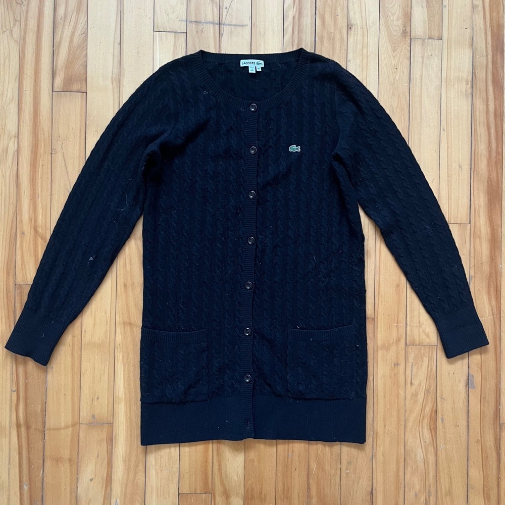 Lacoste Women Cable Knit Cardigan Sweater Black Button Front Pockets Size 40